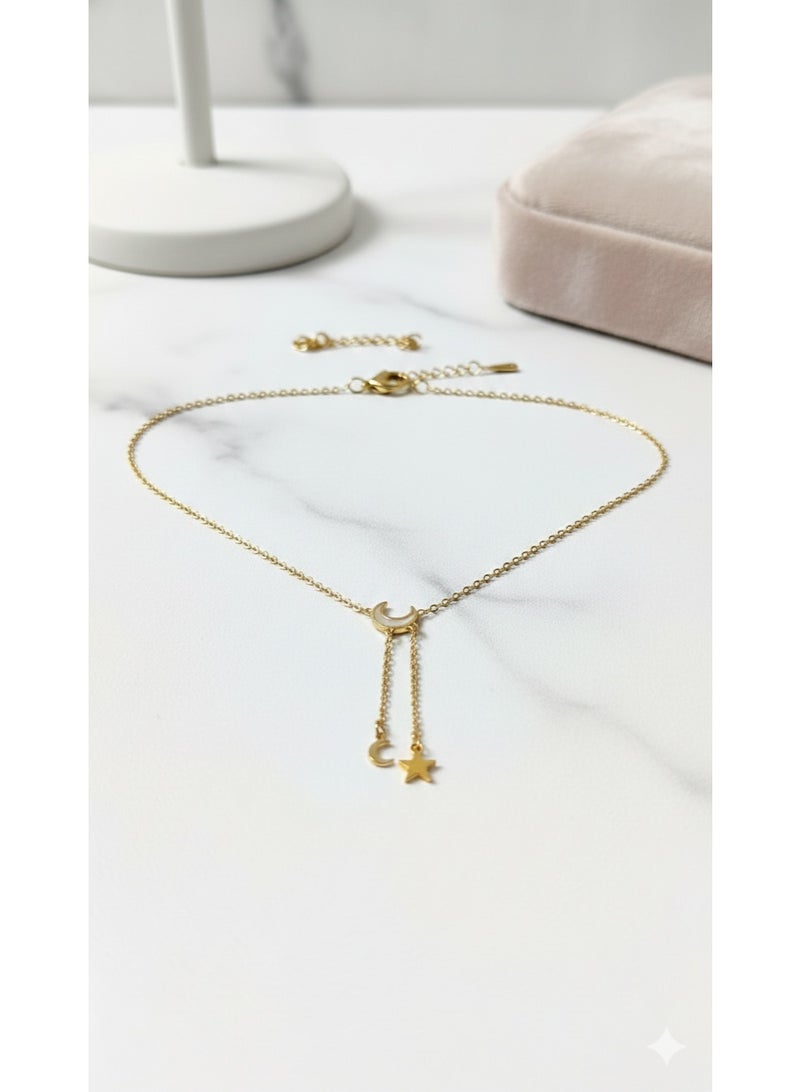 WARD Women's Gold Plated Stainless Steel Necklace with White Moon & Star Pendant - Image 2